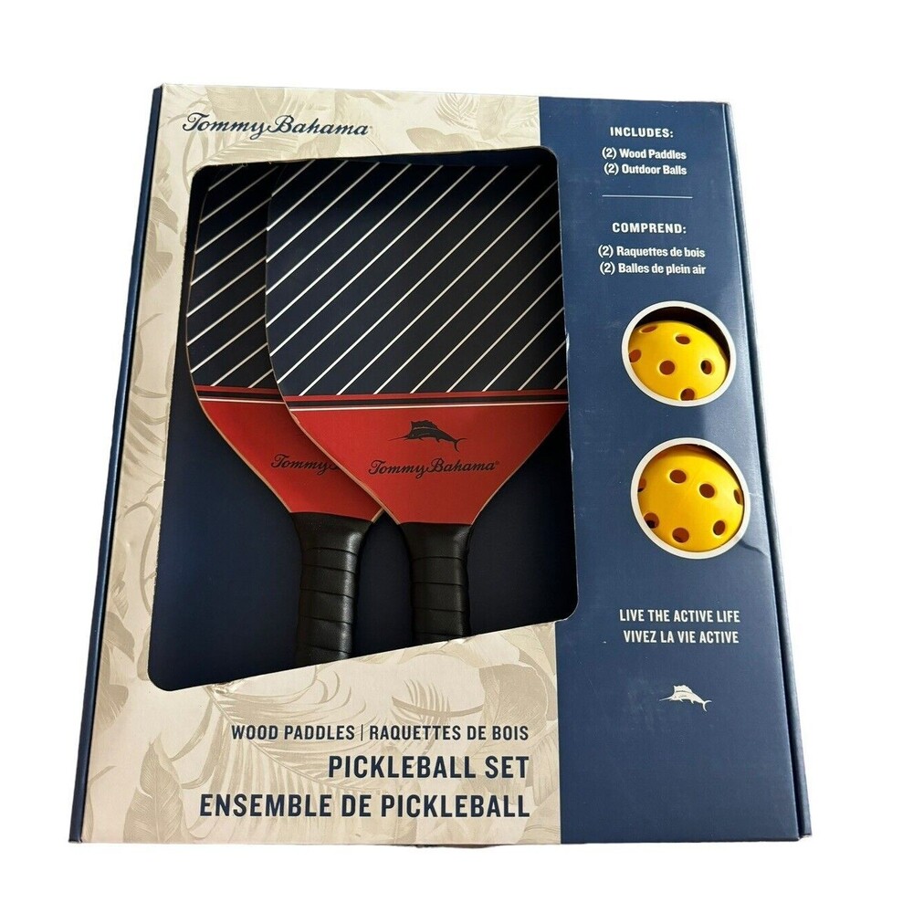 NEW Tommy Bahama Pickleball Set 2-NAVY BLUE & RED Wood Paddles 2-Game‎ Balls